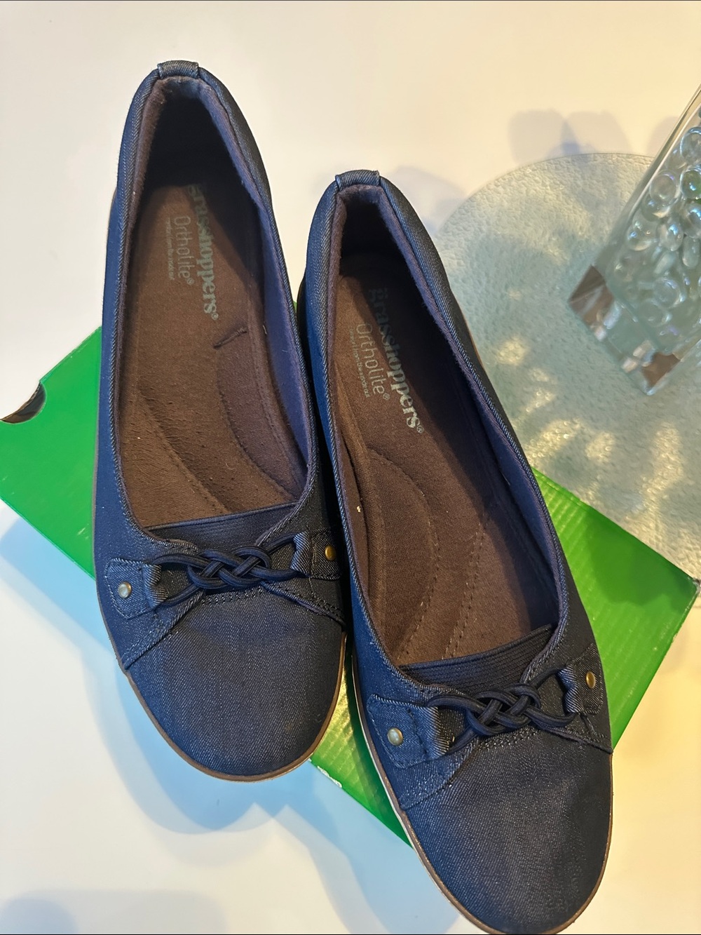 Grasshoppers Ortholite Lily Wedge Denim Navy Braided Toe Slip-On Flats